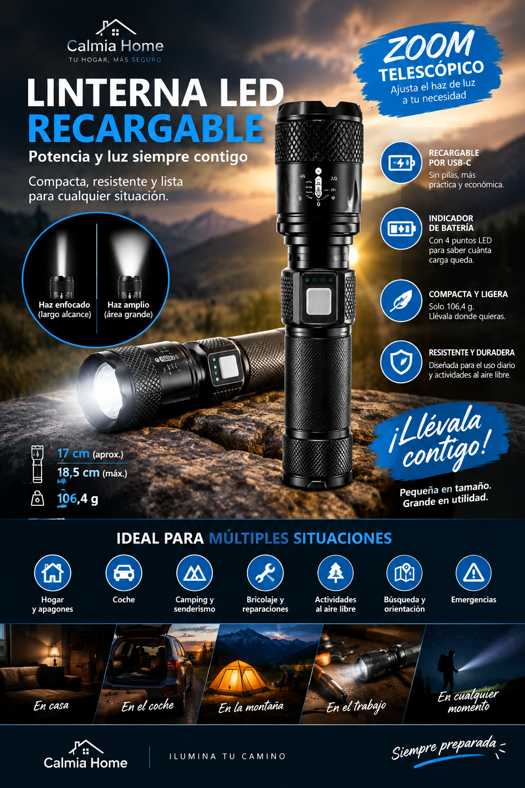Linterna LED Recargable con Zoom